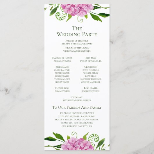 Roze Hydrangea bruiloft programma Programmakaart (Achterkant)