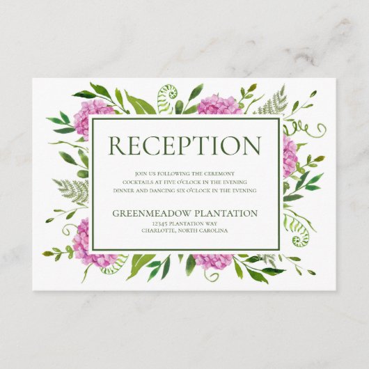 Roze Hydrangea bruiloft receptie Informatiekaartje (Voorkant)
