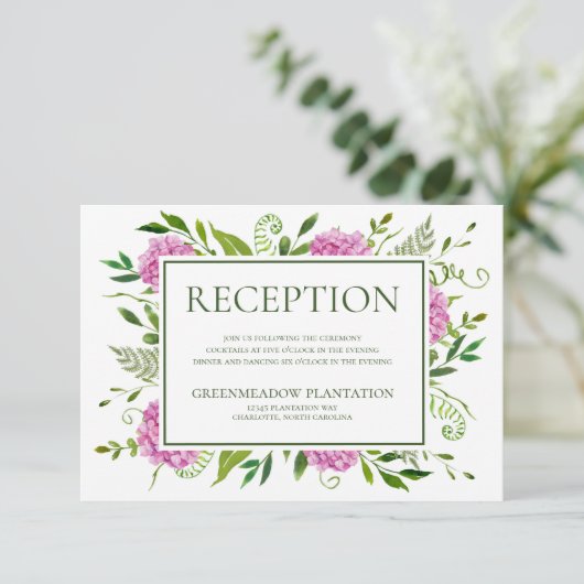 Roze Hydrangea bruiloft receptie Informatiekaartje (Staand voorkant)