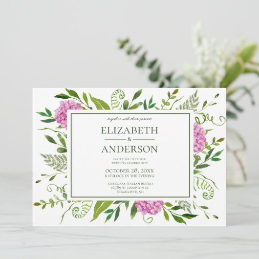 Roze Hydrangea bruiloft viering Kaart (Staand voorkant)