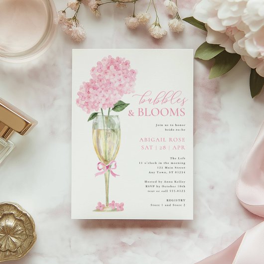 Roze Hydrangea Bubbles en Bloemen Champagneglas Kaart