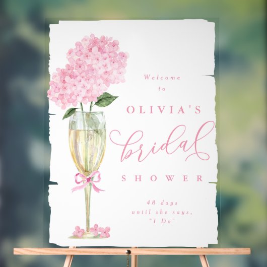 Roze Hydrangea & Champagne Shower Welkom Geschilde Acryl Bord (Neutraal)