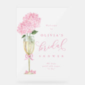 Roze Hydrangea & Champagne Shower Welkom Matglas Acryl Bord (Voorkant)