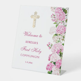 Roze Hydrangea Eerste Communie Welkom Reclamebord Met Voetstuk