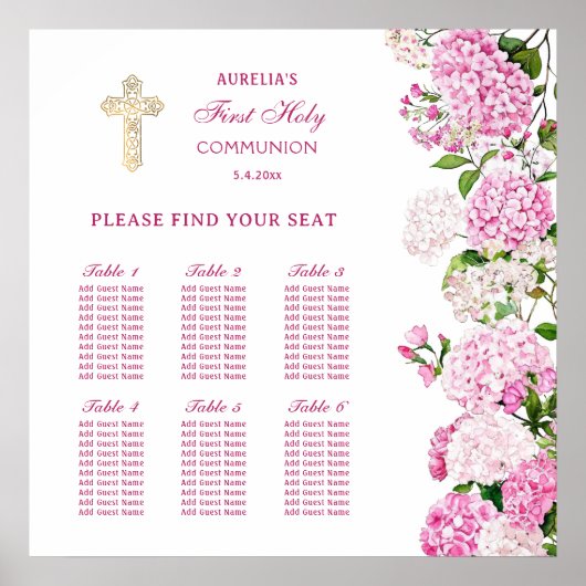 Roze Hydrangea Eerste Communie Zitplaatskaart Poster (Voorkant)