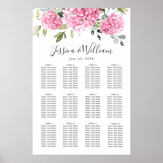 Roze Hydrangea Floral 12 Tafels ZITKAART Poster (Voorkant)