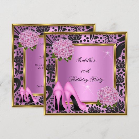  roze hydrangea Floral Black Damask Birthday Kaart (Voorkant / Achterkant)