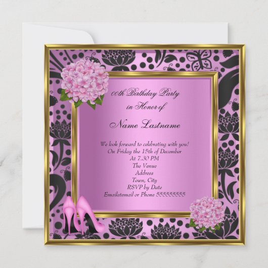  roze hydrangea Floral Black Damask Birthday Kaart (Achterkant)