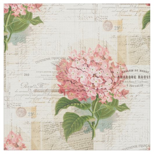  Roze Hydrangea French Ephemera Fabric Stof (Close Up)