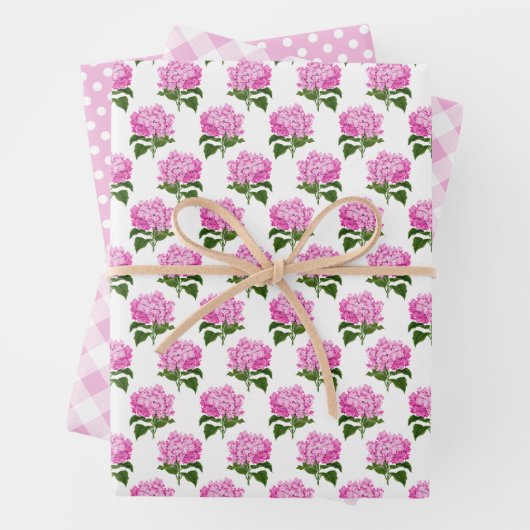 Roze Hydrangea Gingham en Polka Dot Patroon Inpakpapier Vel (In situ)