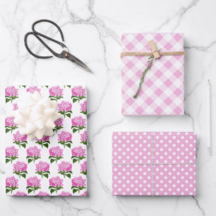 Roze Hydrangea Gingham en Polka Dot Patroon Inpakpapier Vel