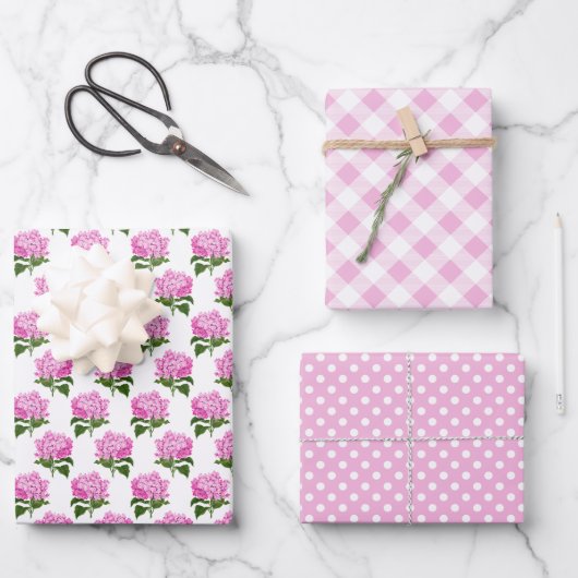 Roze Hydrangea Gingham en Polka Dot Patroon Inpakpapier Vel (Voorkant)