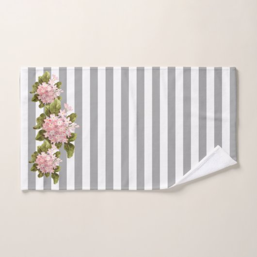 Roze hydrangea Gray Stripe Handdoek (Handdoek)