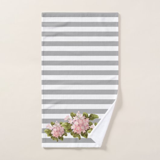 Roze hydrangea Gray Stripe Handdoek (Handdoek)
