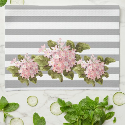 Roze hydrangea Gray Stripe Kitchen Towel Theedoek (Gevouwen)