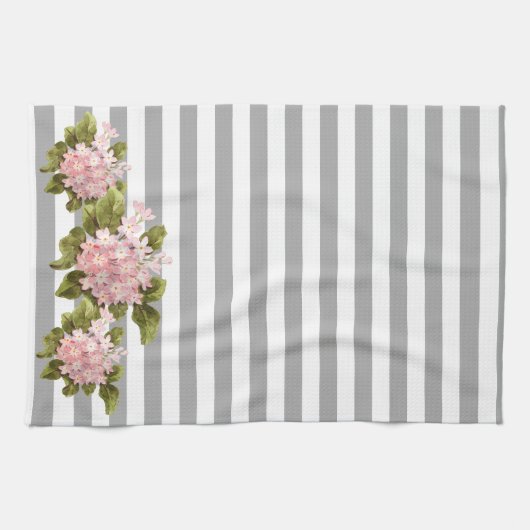 Roze hydrangea Gray Stripe Kitchen Towel Theedoek (Horizontaal)