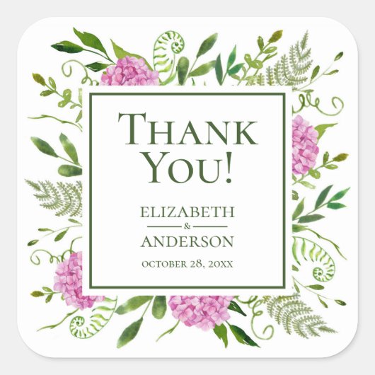 Roze Hydrangea Huwelijk Bedankt Vierkante Sticker (Voorkant)