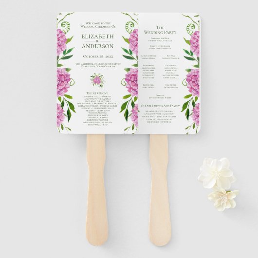 Roze Hydrangea Huwelijksprogramma Handwaaier (Voorkant en achterkant)
