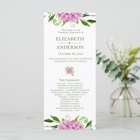 Roze Hydrangea Huwelijksprogramma Programmakaart (Staand voorkant)