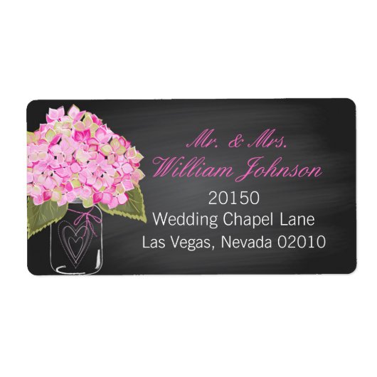 Roze Hydrangea Jar Chalkboard Bruiloft Label (Voorkant)