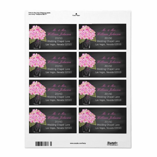 Roze Hydrangea Jar Chalkboard Bruiloft Label (Full Sheet)
