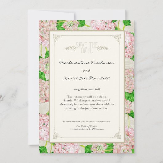 Roze Hydrangea Kant Bloemige Formele Elegante Brui Save The Date (Voorkant)