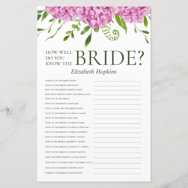 Roze Hydrangea Kennen De Bruid Shower Spel (Voorkant)