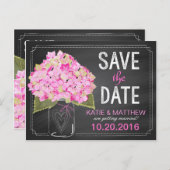 Roze Hydrangea Mason Jar Krijtbord Save the Date Aankondigingskaart (Voorkant / Achterkant)