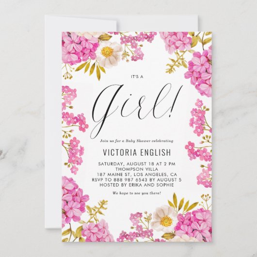 Roze Hydrangea Meisje Baby Shower Kaart (Voorkant)