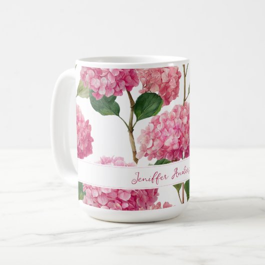 Roze Hydrangea met eigen naam Koffiemok (Voorkant links)