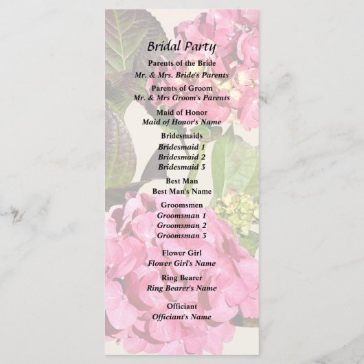 Roze hydrangea met lederweddenschap programmakaart (Achterkant)