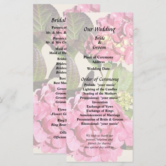 Roze hydrangea met lederweddenschap programmakaart (Voorkant / Achterkant)