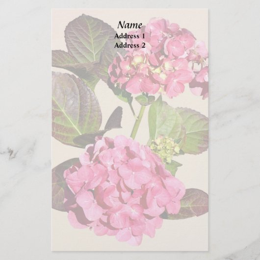 Roze hydrangea met producten voor het binden van l briefpapier (Voorkant)