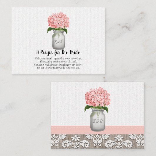 Roze hydrangea Monogram Mason Jar Recipe Request Visitekaartje (Voorkant / Achterkant)