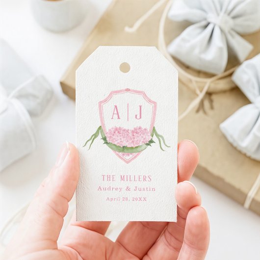 Roze Hydrangea Monogram Wapenschild Aangepaste Tro Cadeaulabel
