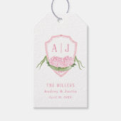 Roze Hydrangea Monogram Wapenschild Aangepaste Tro Cadeaulabel (Voorkant)