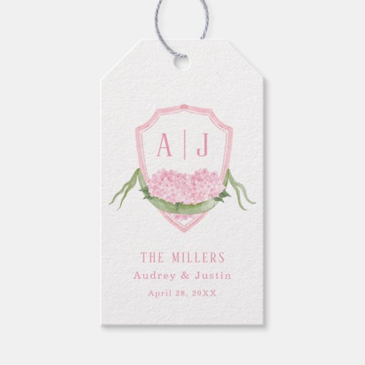 Roze Hydrangea Monogram Wapenschild Aangepaste Tro Cadeaulabel (Voorkant)