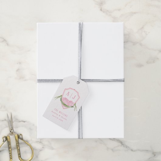 Roze Hydrangea Monogram Wapenschild Aangepaste Tro Cadeaulabel (Met Touw)