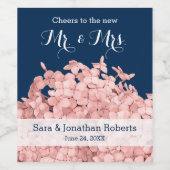 Roze Hydrangea op Navy Blue Gepersonaliseerde brui Wijn Etiket (Enkel label)