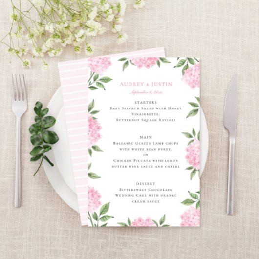 Roze Hydrangea Rand Bruiloft Papier Menu