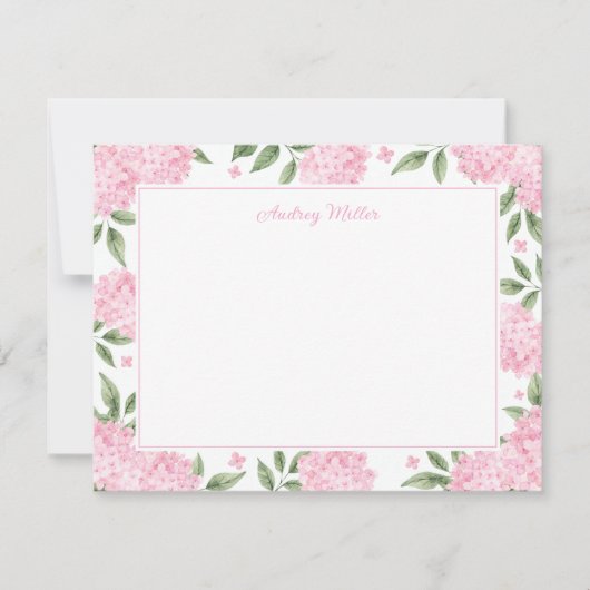 Roze Hydrangea Rand Wit Gepersonaliseerd Notitiekaartje (Voorkant)