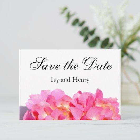 Roze hydrangea roze florroze bloem save the date (Staand voorkant)