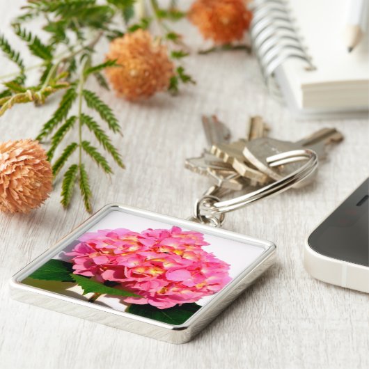 Roze hydrangea roze florroze bloem sleutelhanger (Zijkant)