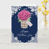 Roze Hydrangea Rustiek Kant Blauw Moederdag Kaart (Gele Bloem)