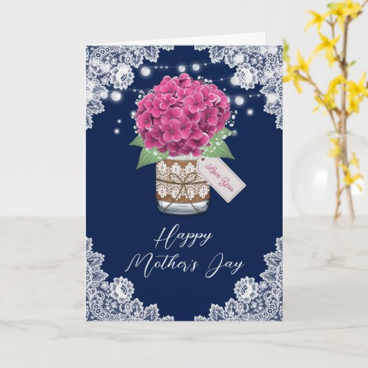 Roze Hydrangea Rustiek Kant Blauw Moederdag Kaart (Gele Bloem)
