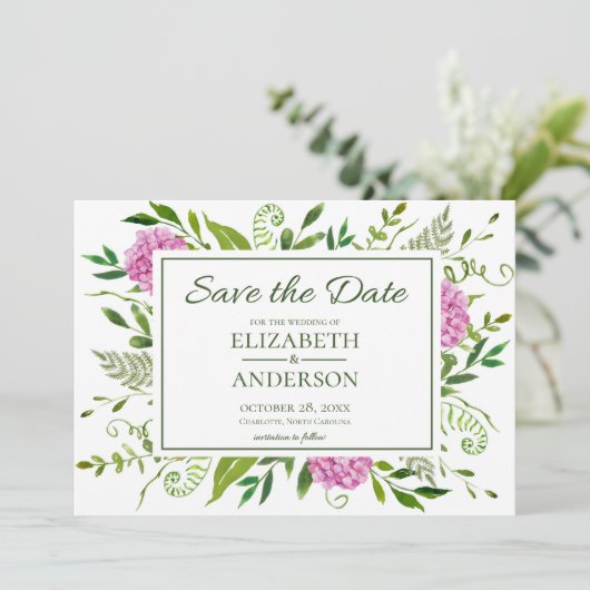 Roze hydrangea save the date (Staand voorkant)
