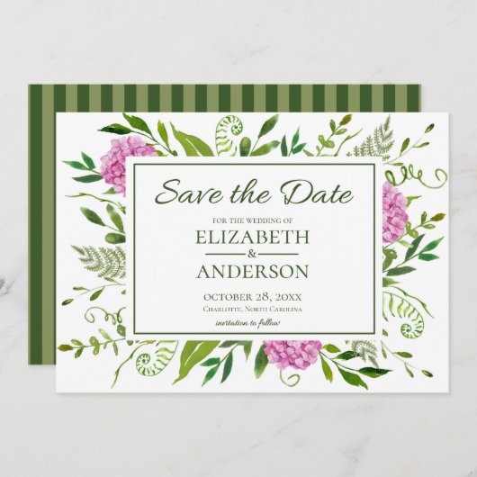 Roze hydrangea save the date (Voorkant / Achterkant)