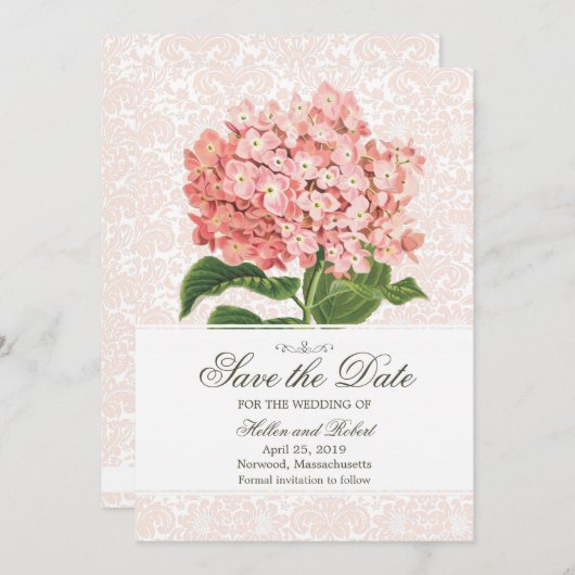  roze hydrangea sparen de datum save the date (Voorkant / Achterkant)