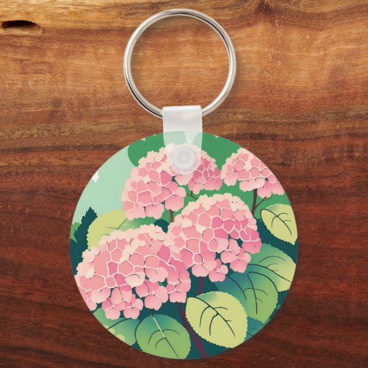 Roze Hydrangea Struik Briefkaart Sleutelhanger (Voorkant)