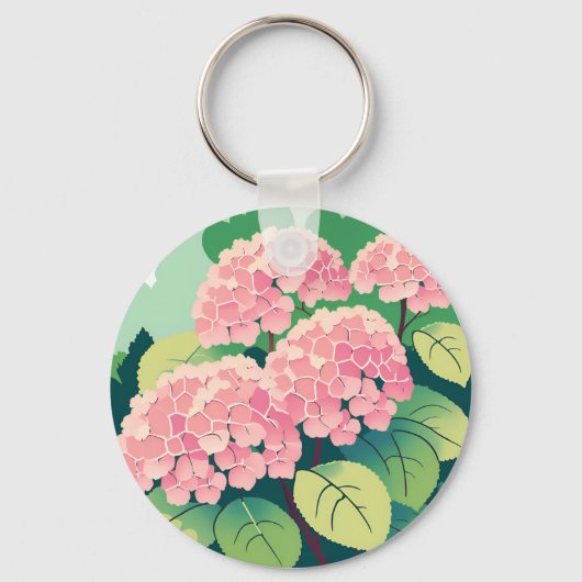 Roze Hydrangea Struik Briefkaart Sleutelhanger (Achterkant)